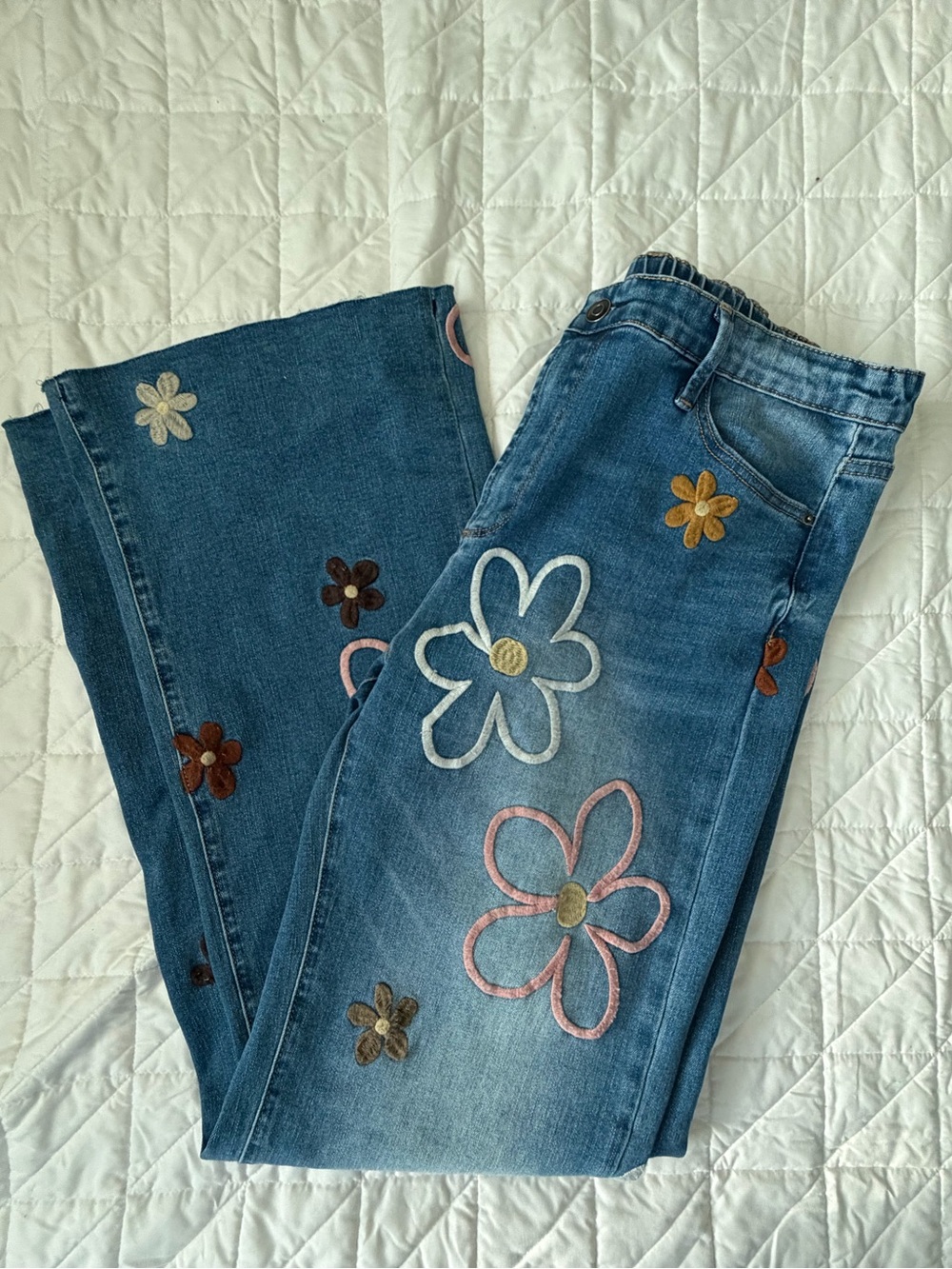 Maximalist Y2K Oh Denim Blue Jean with Embroidered Yellow and Pink Flowers